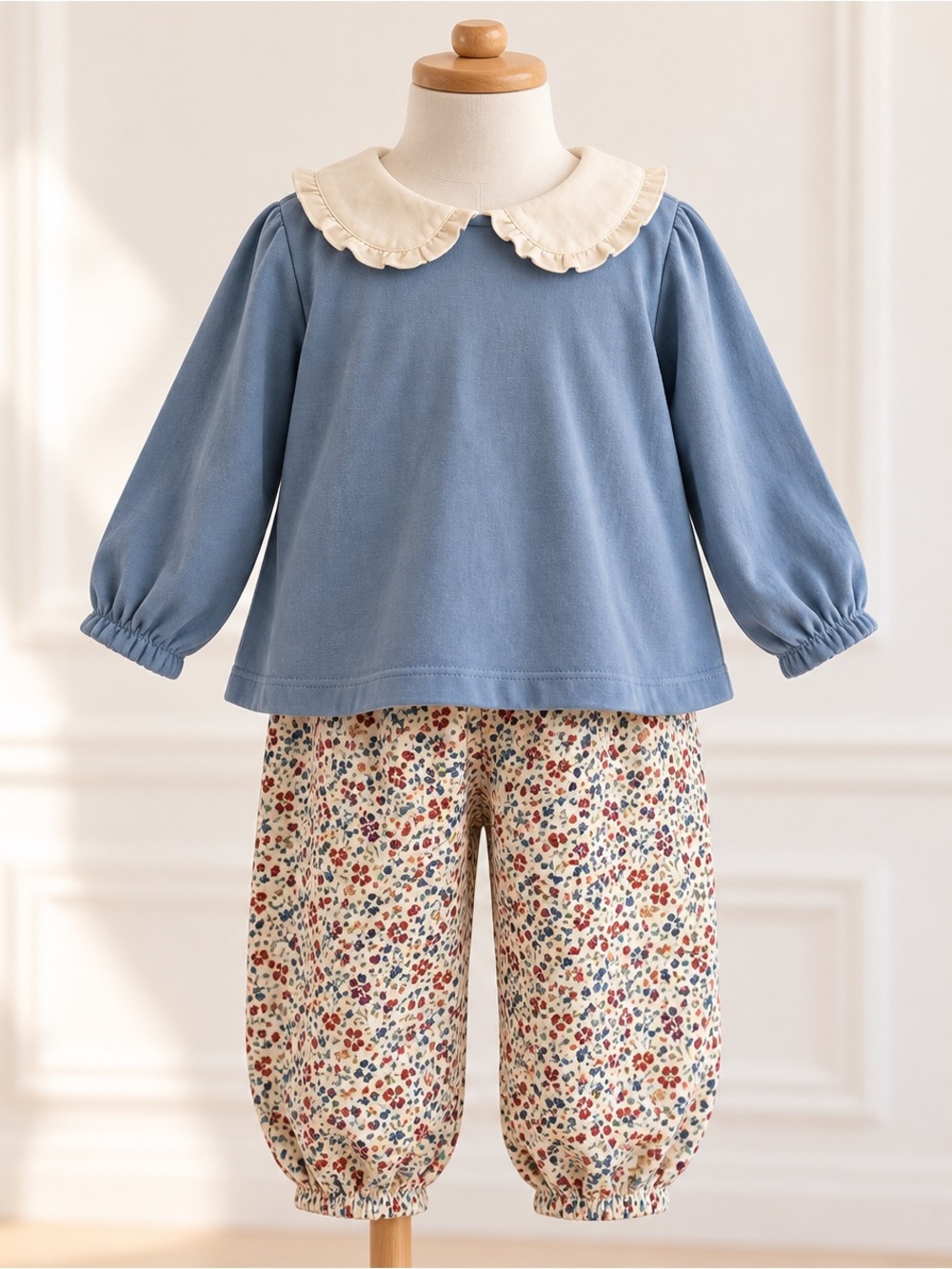 Edgehill Collection Blue Long-Sleeve Top with Cream Ruffle Collar & Floral Pants